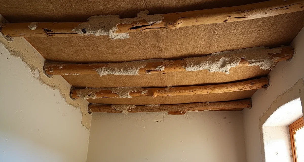 Soffitto in canniccio e calce parzialmente esposto con travi lignee e intonaco scrostato