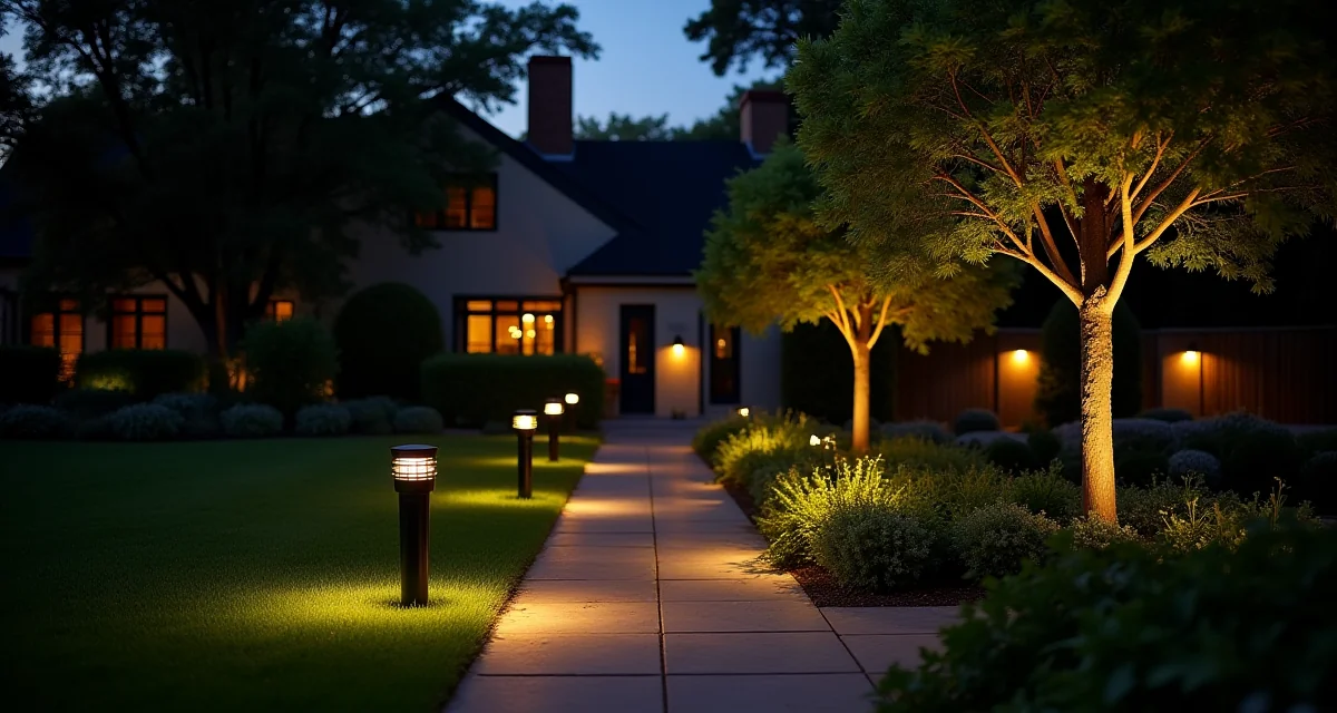 Illuminazione giardino con faretti da terra, lanterne a muro e faretto verso alberi per un'atmosfera calda