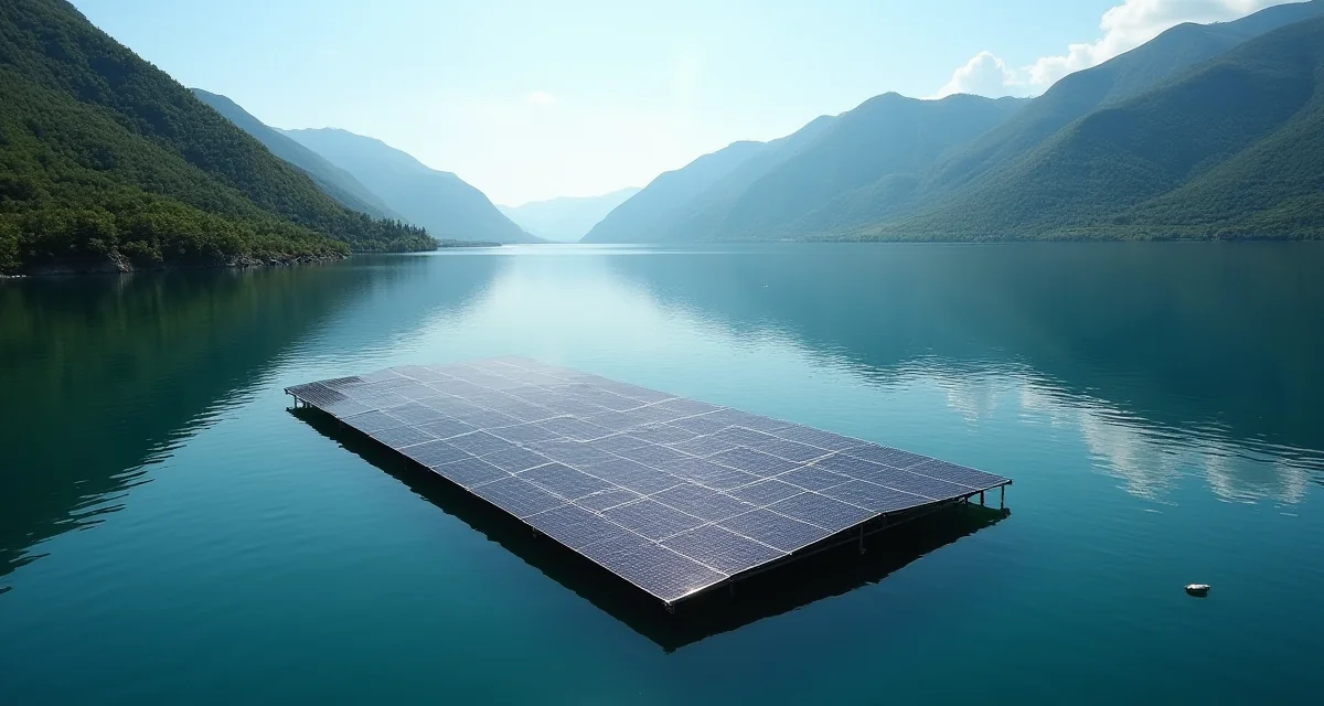 Pannello fotovoltaico galleggiante su lago di montagna con pendii verdi e cielo sereno