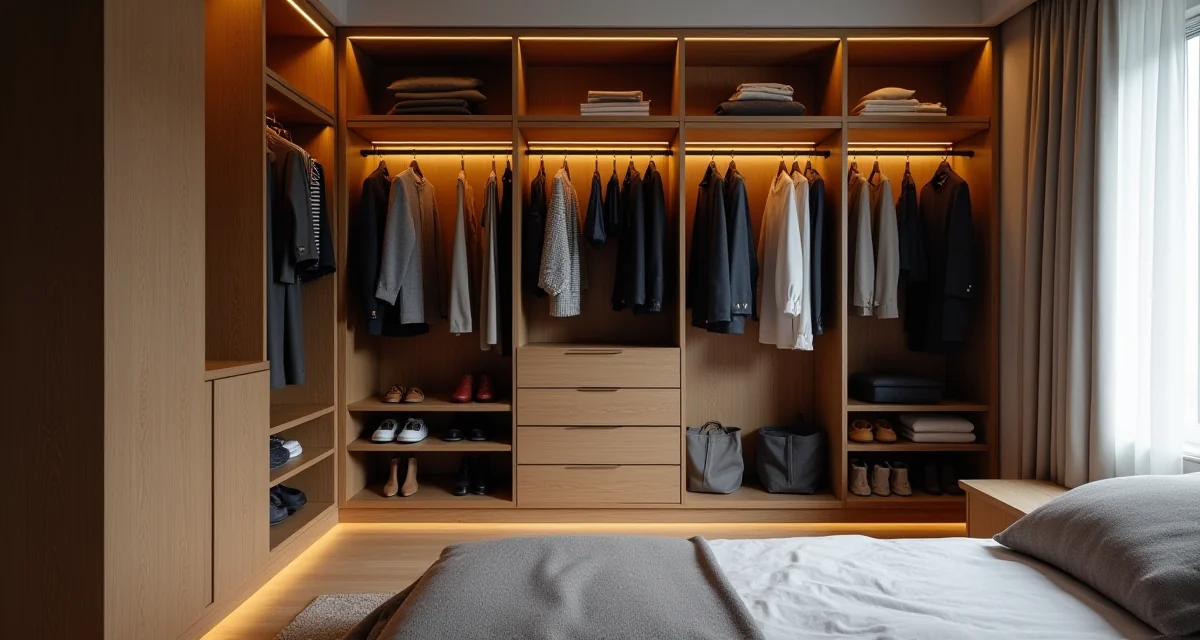 Cabina armadio con ripiani aperti, appendiabiti e cassetti illuminata da luce calda