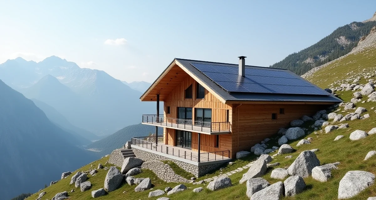 Rifugio alpino ristrutturato con rivestimento in legno e pannelli solari su pendio roccioso sotto cielo sereno