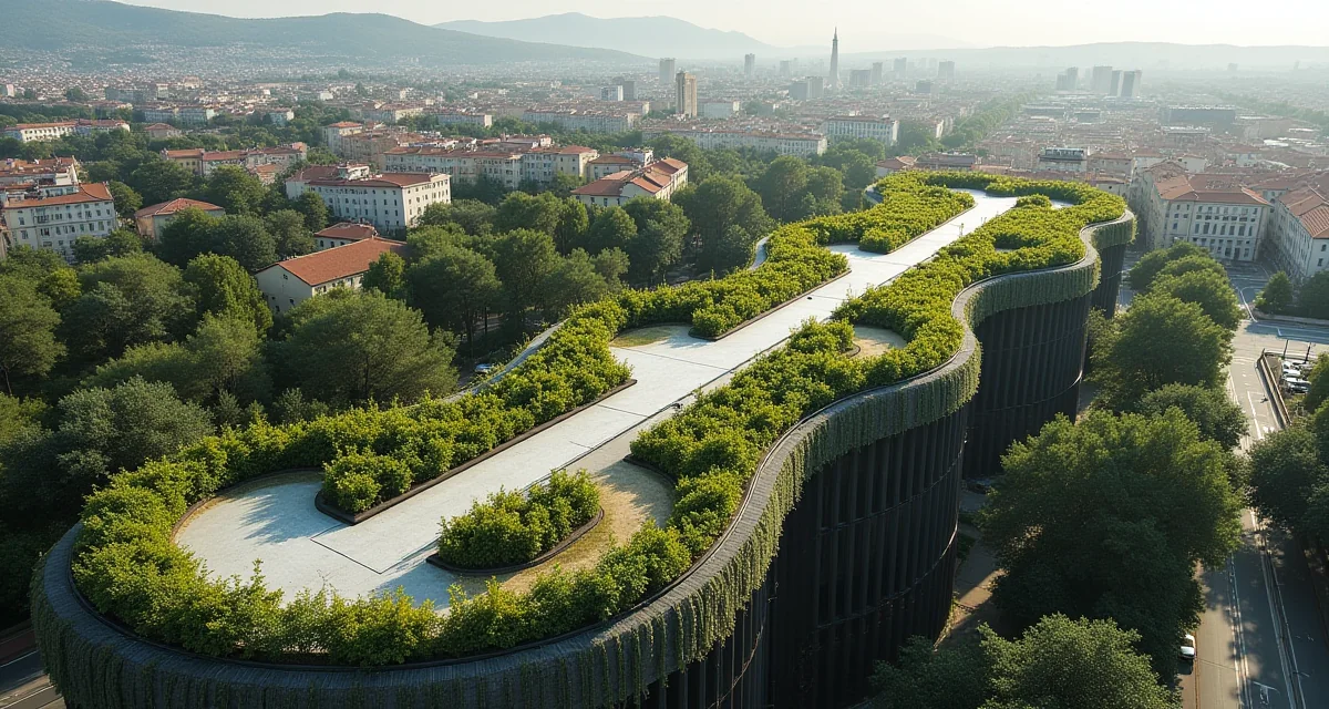 Vista aerea del tetto della fabbrica Lingotto trasformato in giardino sospeso con piante e percorsi pedonali