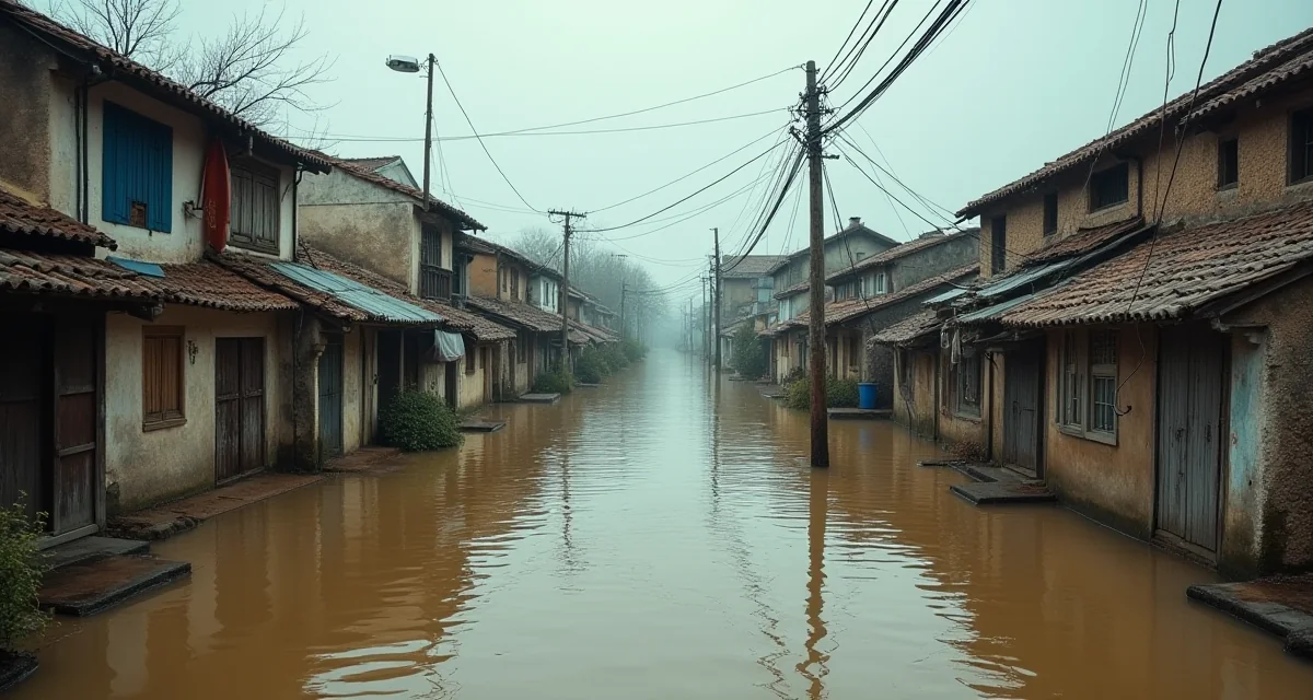 Via di un villaggio inondata con acqua marrone che raggiunge le finestre del primo piano sotto cielo nuvoloso