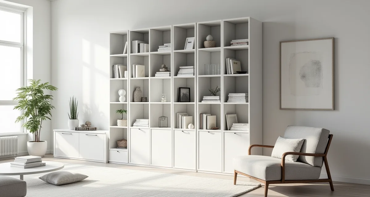 Libreria modulare bianca alta con ripiani pieni di libri e oggetti decorativi in un soggiorno luminoso
