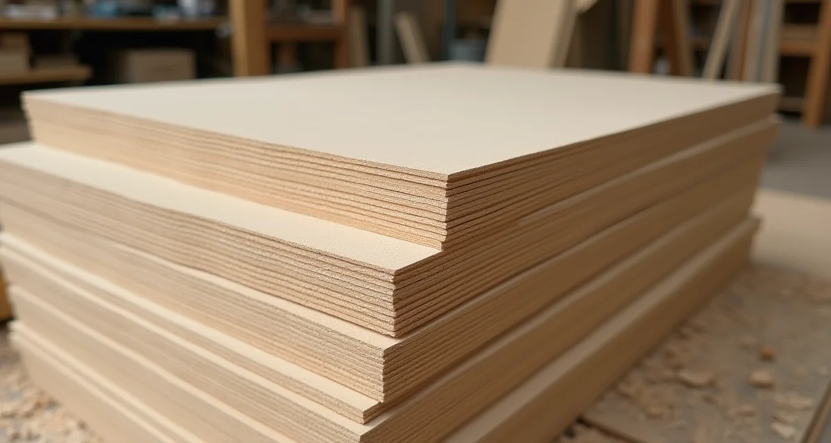 Pannelli in legno MDF impilati in officina con bordo tagliato che mostra la fibra densa e segatura circostante