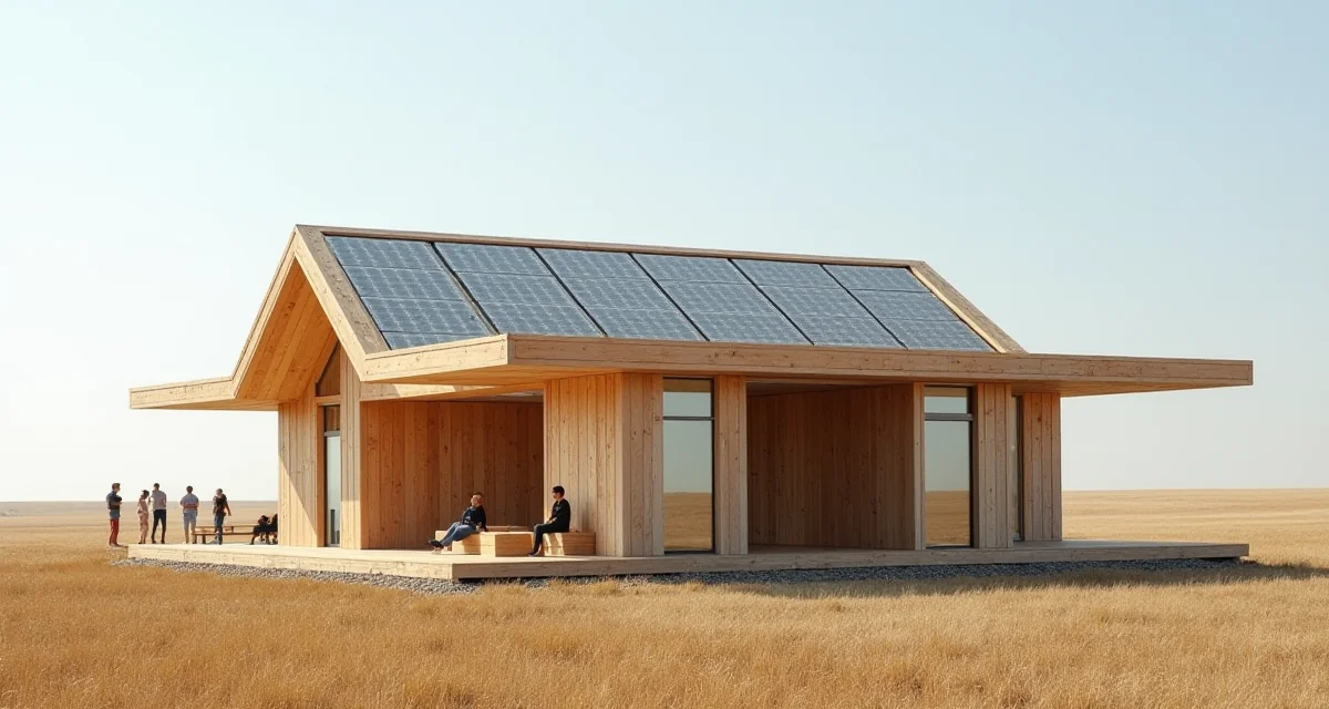 Prototipo di casa sostenibile con struttura modulare in legno e tetto solare integrato in un campo di prova