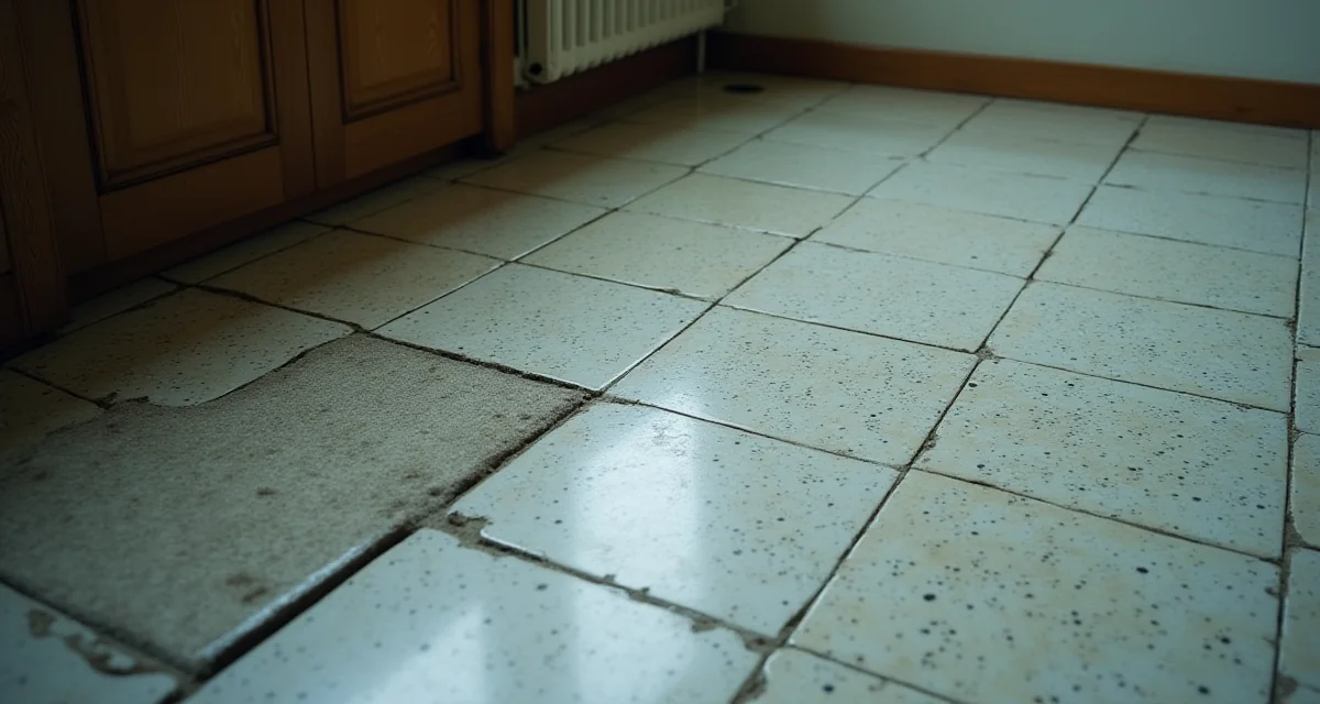 Pavimento in linoleum vecchio con piastrelle sollevate che rivelano uno strato fibroso grigio sotto