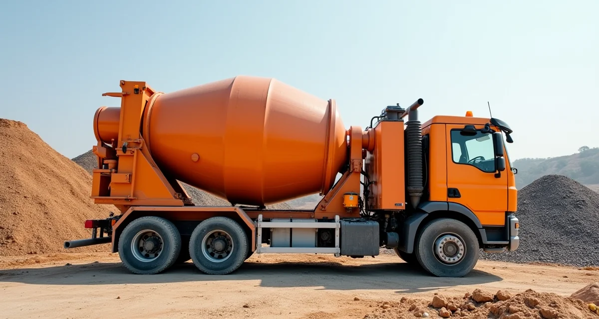 Mescolatore di calcestruzzo arancione e impastatrice di malta su cantiere con cumuli di sabbia e ghiaia
