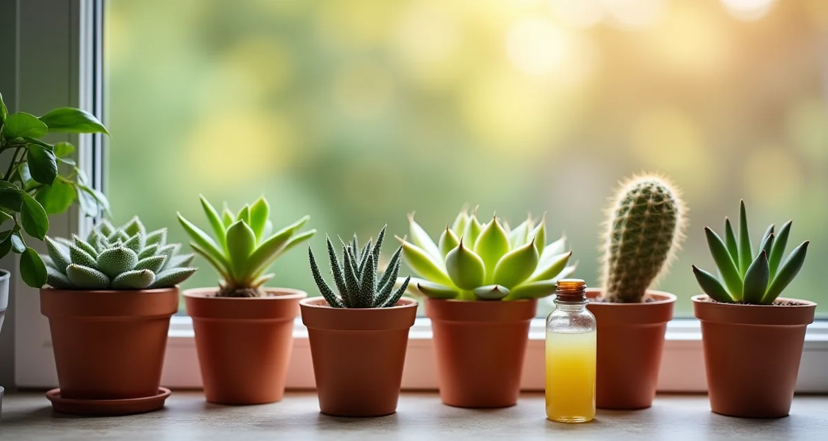 Piante grasse e cactus in vasi di terracotta con bottiglietta di concime liquido su davanzale soleggiato