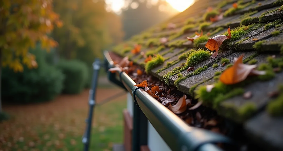 Grondaia del tetto intasata da foglie e muschio in autunno, vista dalla scala