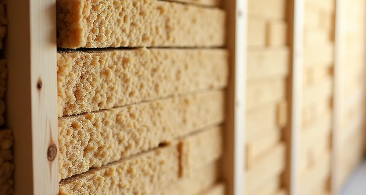 Pannelli isolanti in fibra di canapa impilati e fissati tra le travi di legno di una parete