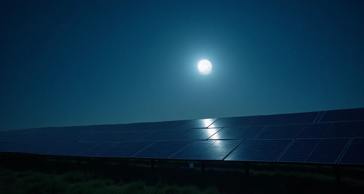 Pannelli fotovoltaici sotto la luna piena con riflessi lunari e cielo stellato