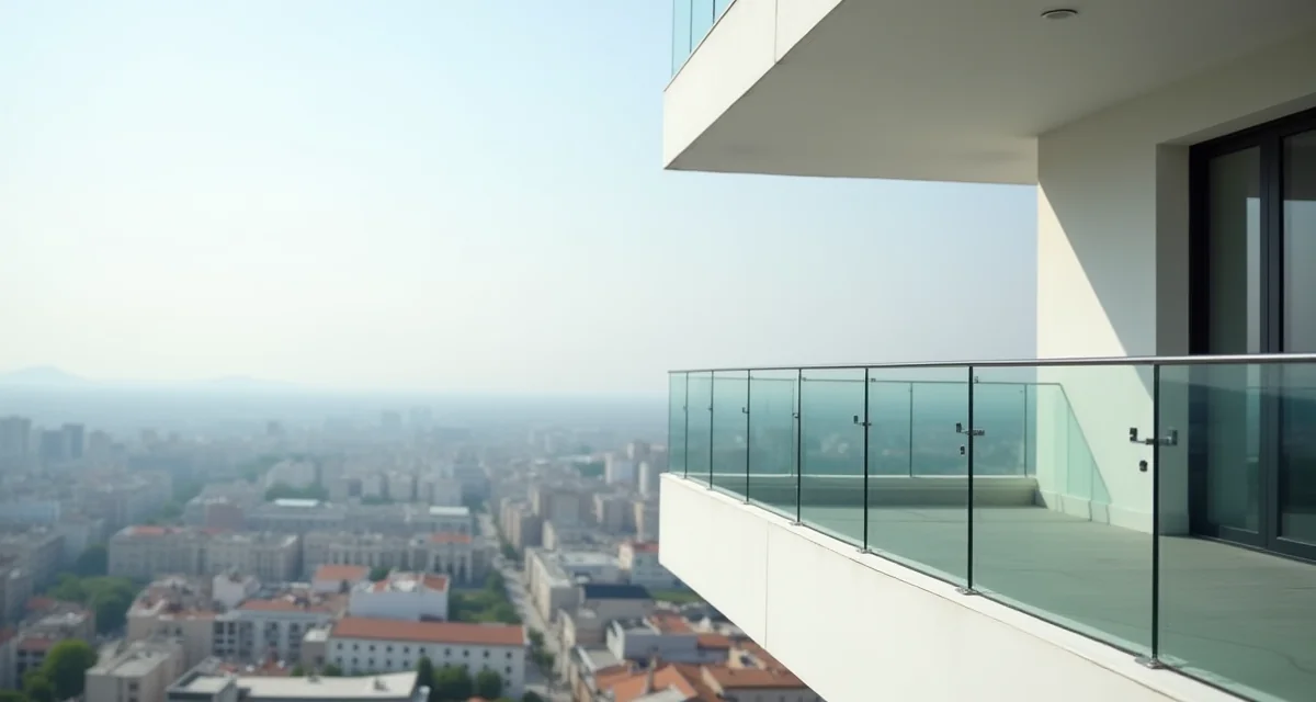 Parapetto in vetro e acciaio spazzolato per balcone moderno con vista città