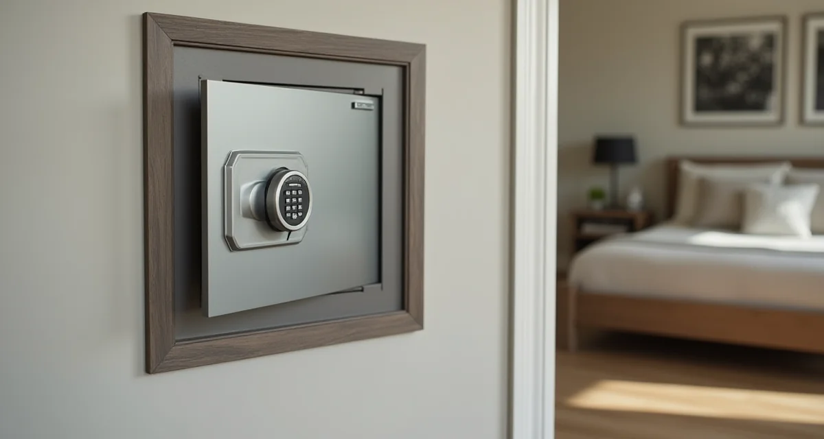 Cassaforte a muro in acciaio con tastiera digitale integrata dietro una cornice aperta in camera da letto