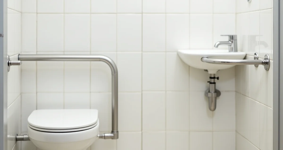 Bagno accessibile con wc rialzato e maniglioni per disabili in locale commerciale rivestito di piastrelle bianche