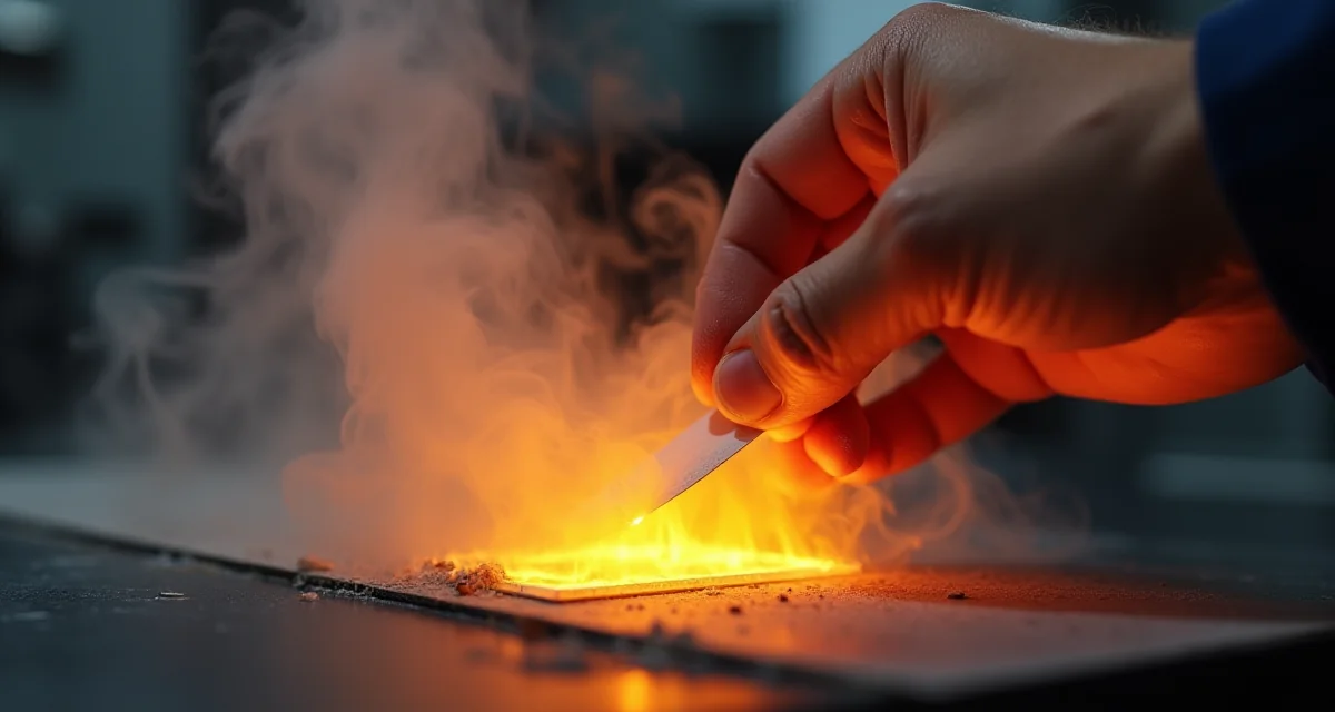 Prova di resistenza al fuoco su un pannello con fiamma e fumo in laboratorio