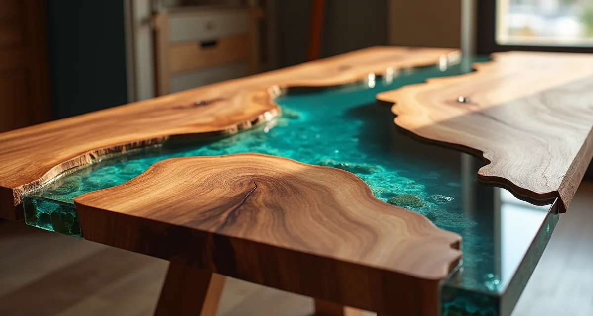 Tavolo design con incastro resina epossidica ultratrasparente effetto acqua tra assi di noce sotto luce calda