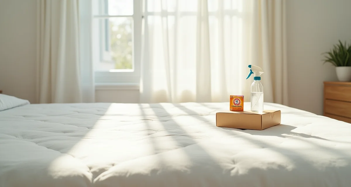 Materasso nudo con bicarbonato e flacone spray per la pulizia naturale