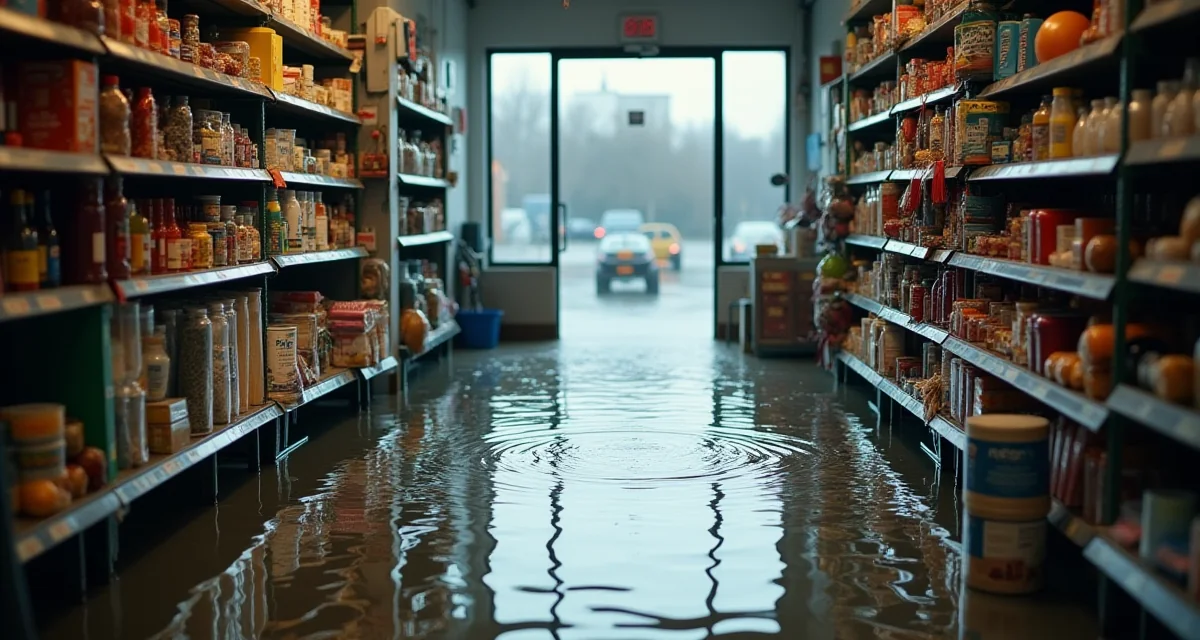 Interno di un negozio allagato con acqua sul pavimento e merci danneggiate sugli scaffali bassi