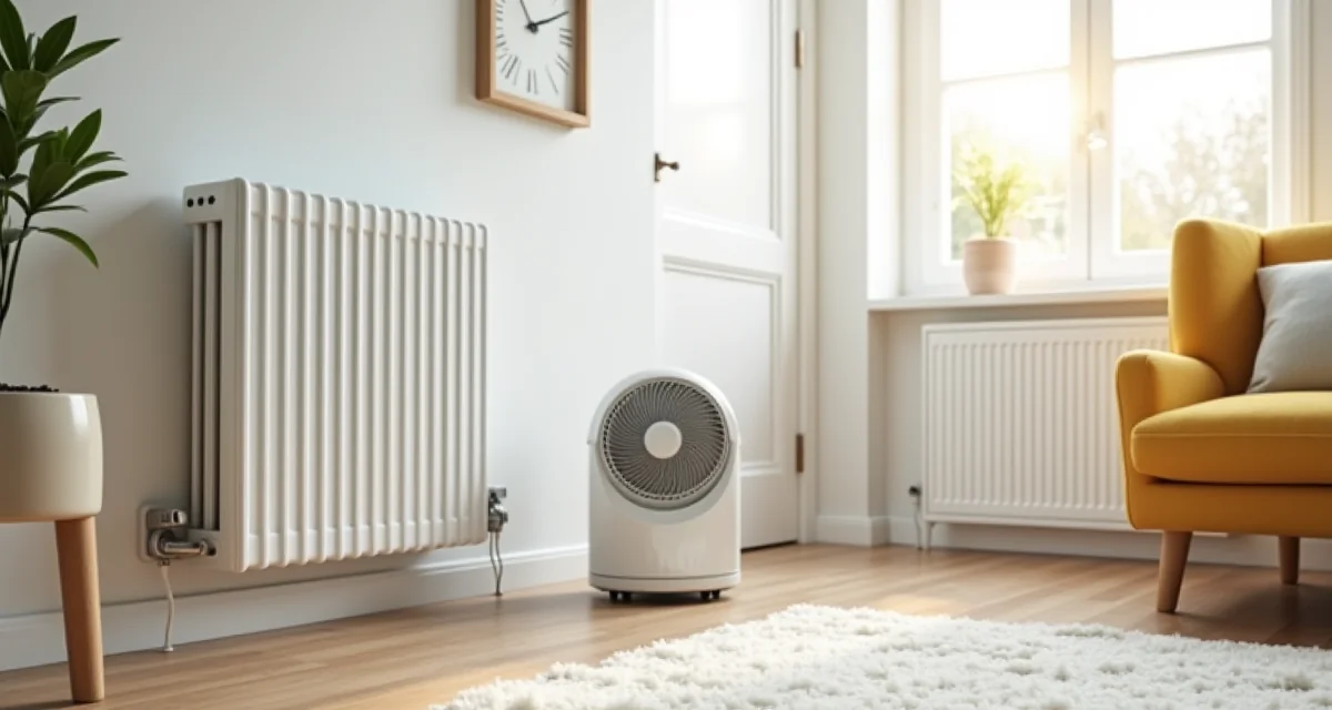Radiatore elettrico moderno e stufa ventilata in un soggiorno luminoso per il riscaldamento domestico
