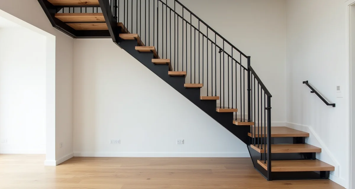 Scala aperta moderna con longheroni in acciaio nero e gradini in rovere massiccio in un soggiorno luminoso