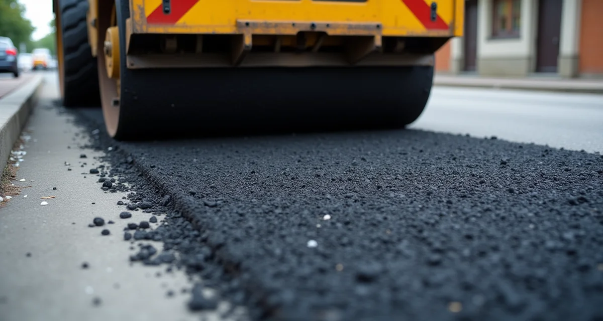 Scarificatrice che rimuove l'asfalto stradale lasciando detriti neri su superficie urbana diurna