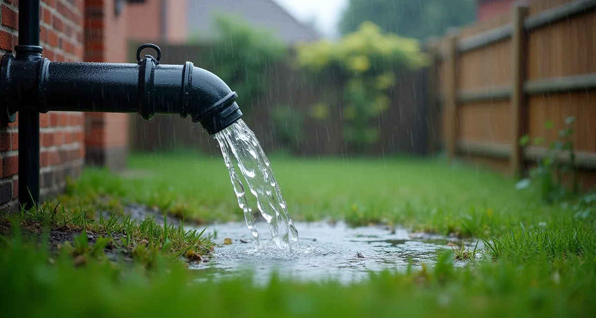 Tubo di scolo che scarica acqua piovana sul prato verso la recinzione del vicino durante la pioggia