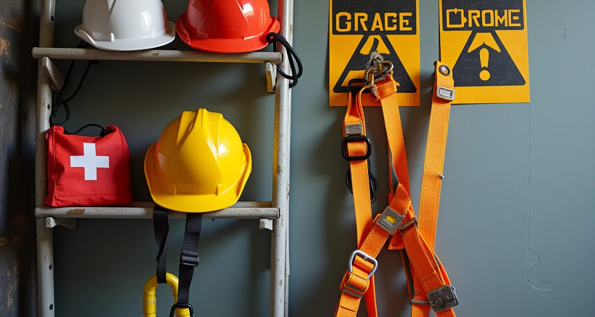 Caschi, imbracature e cartelli di avvertimento disposti su un rack in un cantiere edile per la sicurezza sul lavoro