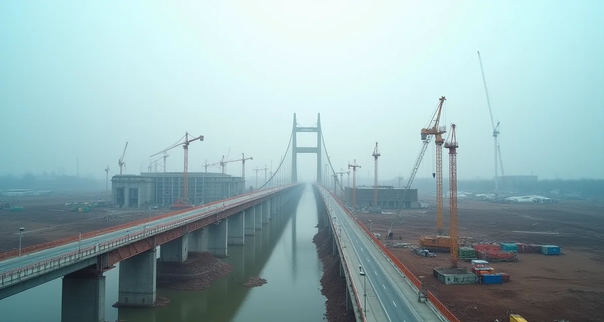Cantiere di infrastrutture pubbliche con gru e un nuovo ponte in costruzione sotto un cielo nuvoloso