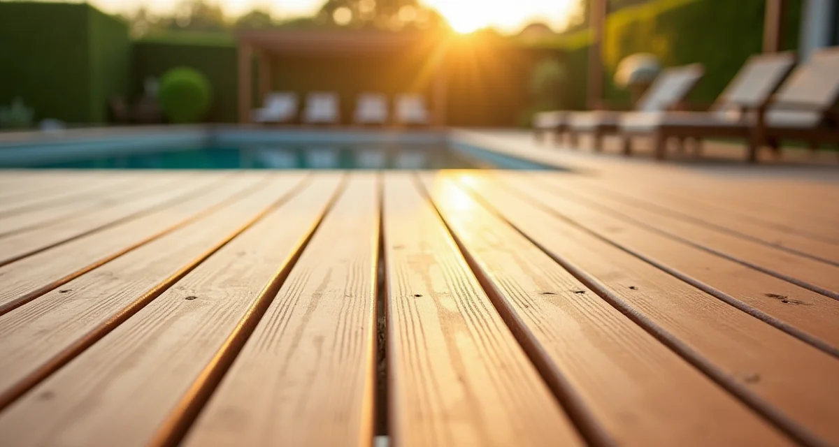 Terrazza in legno-plastica con tavole marroni e superficie scanalata sotto la luce dorata del pomeriggio