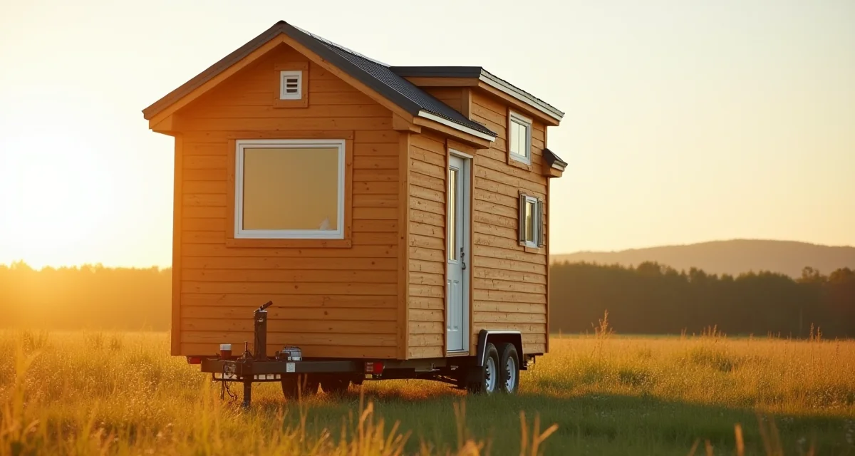 Tiny house su ruote con facciata in legno e grande finestra illuminata dalla luce dorata nel prato