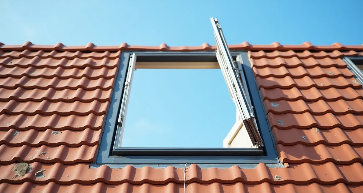 Finestra da tetto Velux con anterra aperta su tetto spiovente coperto di tegole sotto cielo blu