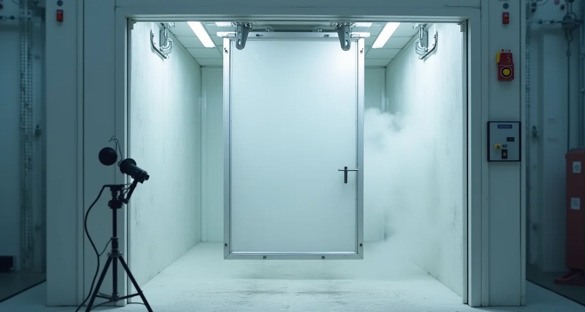 Cabina di verniciatura a polvere industriale con telaio metallico sospeso e nuvola di polvere elettrostatica